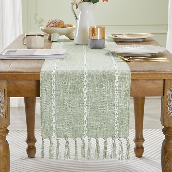 Wracra Rustic Linen Table Runner, Sage Green Table Runners 60 inches Long | - Image 6