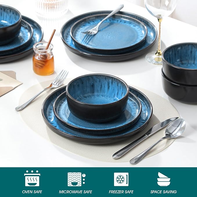 vancasso PLAYA Plates and Bowls Sets, 12 Pieces Blue Dinnerware Sets - Image 4