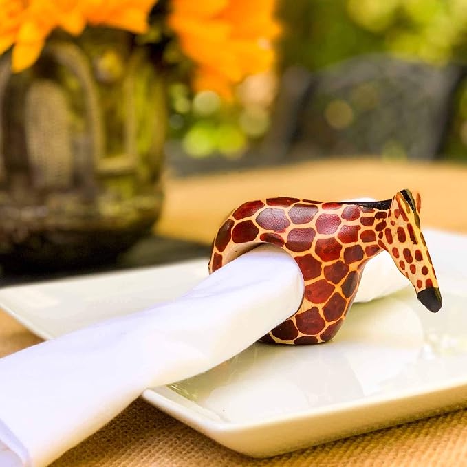 KWF012_G - Giraffe Wooden Napkin Rings - Handcarved Mahogany - Image 4