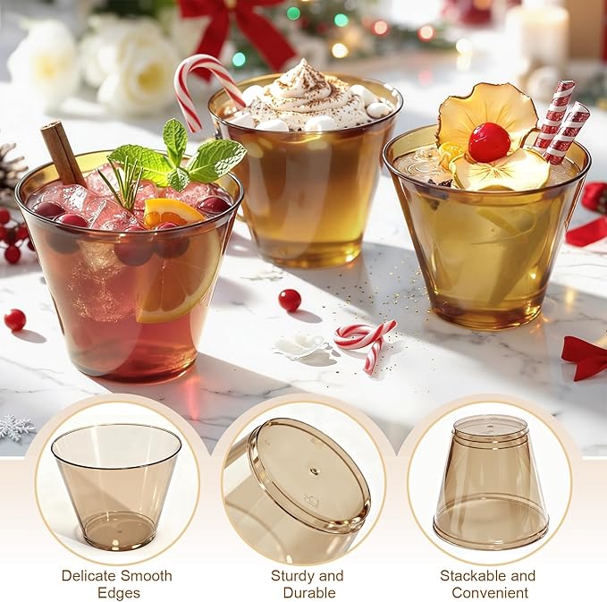 Glowserve 9 OZ Brown Disposable Plastic Cups Cocktail Cup 50 Pack | Fancy - Image 2