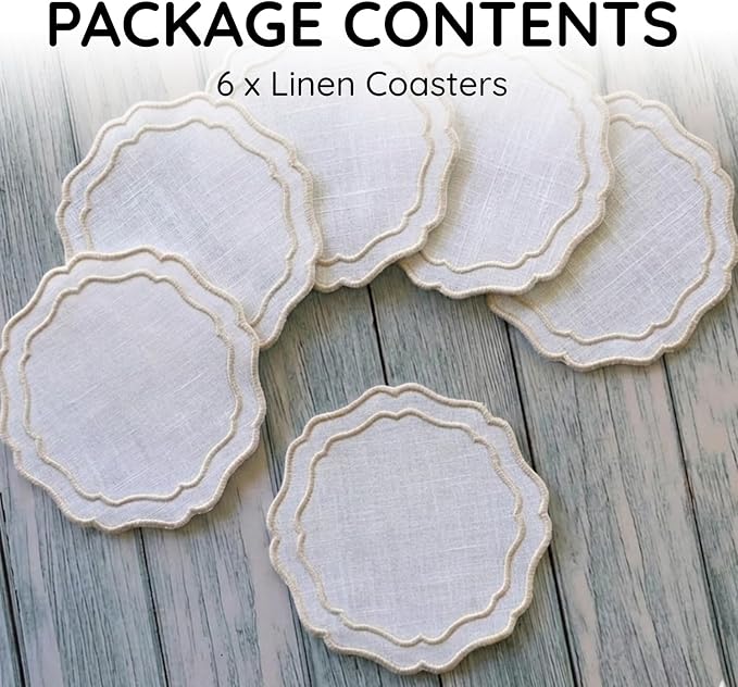 Drink Coasters Set of 6, 6x6 inch, Absorbent Linen Drink Mats - Image 2
