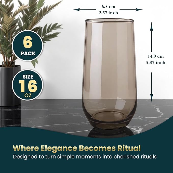 Smokey Sand Drinking Glasses Set of 6 | Translucent Brown Glassware | 16 oz - Image 2