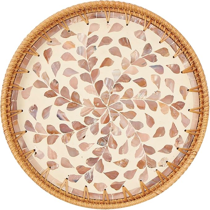Kmelep Round Rattan Tray with Mother of Pearl Inlay, Rattan Serving Tray with by Kmelep