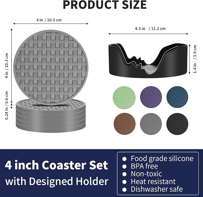 Gray Silicone Coasters with Holder, 4 Inch Non-Slip Drink Coasters Set of 6 | - Image 2