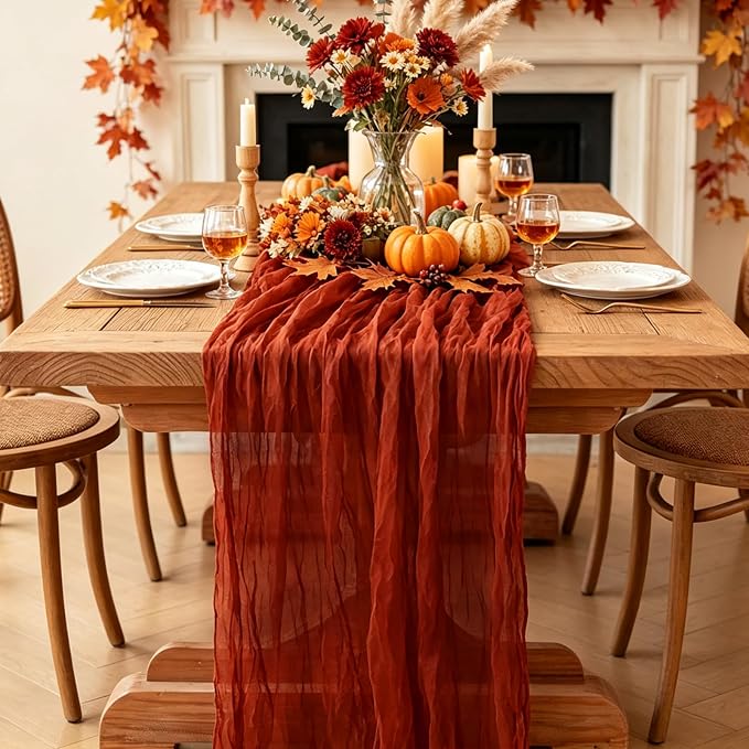Fall Table Runner, 10FT Thanksgiving Terracotta Cheesecloth Table Runner - Image 6