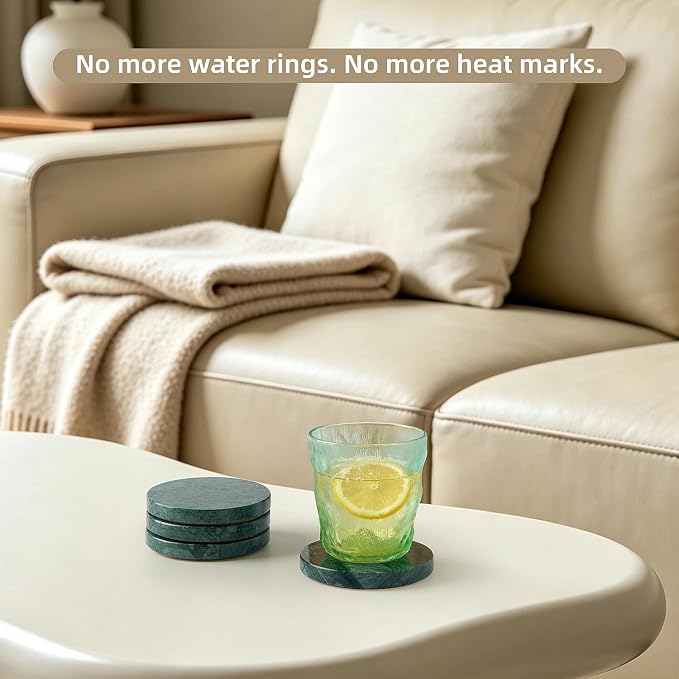 Natural Marble Coaster Set of 4.Round Drinks Coasters, Non-Ceramic/Non-Resin | - Image 4