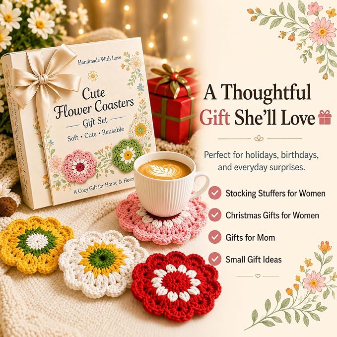 Coasters for Drinks Set of 5, Cute Flower Crochet Drink Coasters for Coffee - Image 7