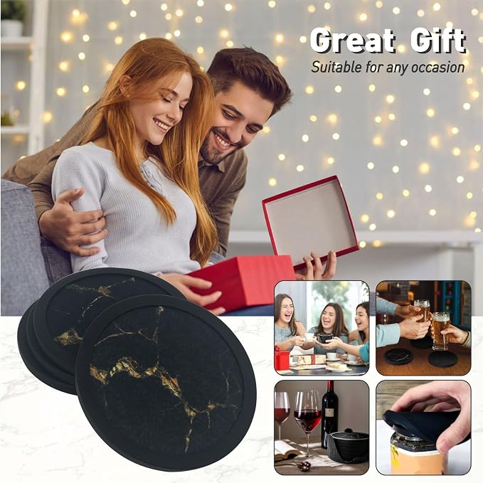Set of 4 Black Silicone Coasters, Double-Sided Absorbent Felt & Non-Slip Cup - Image 3