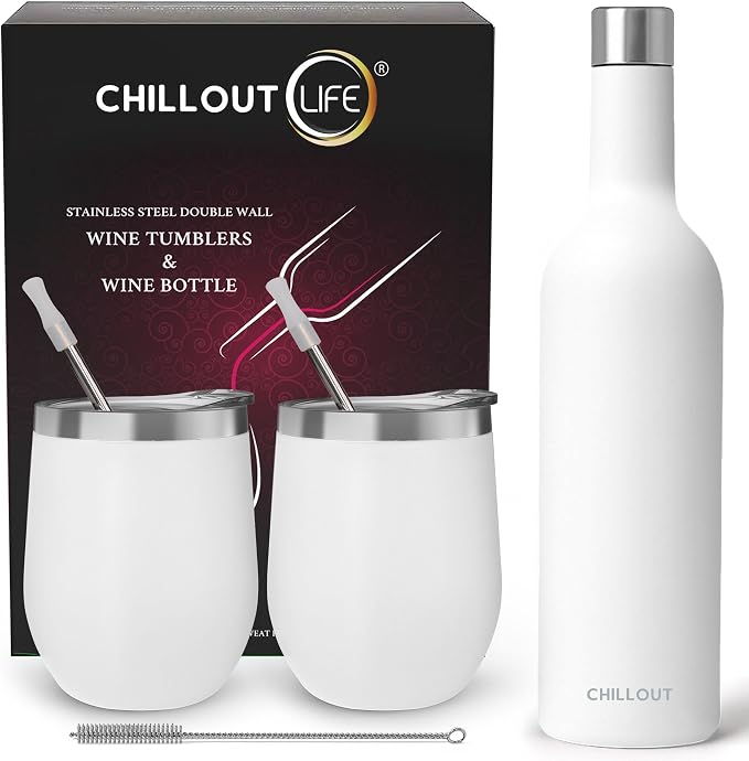 CHILLOUT LIFE 12 oz Stainless Steel Wine Tumblers 2 Pack & 1 Insulated Wine by CHILLOUTLIFE