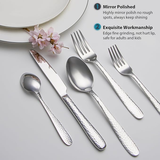 Hammered Silverware Set, EIUBUIE 40-Piece Stainless Steel Flatware Set - Image 5