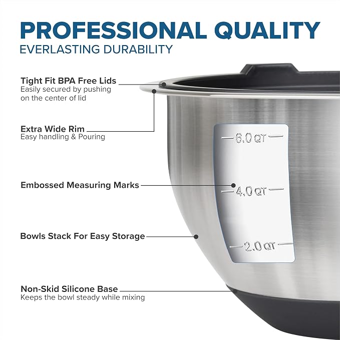 Viking Mixing Bowls Set, 10 Piece Stainless Steel Kitchen Cookware, Non-Slip - Image 3
