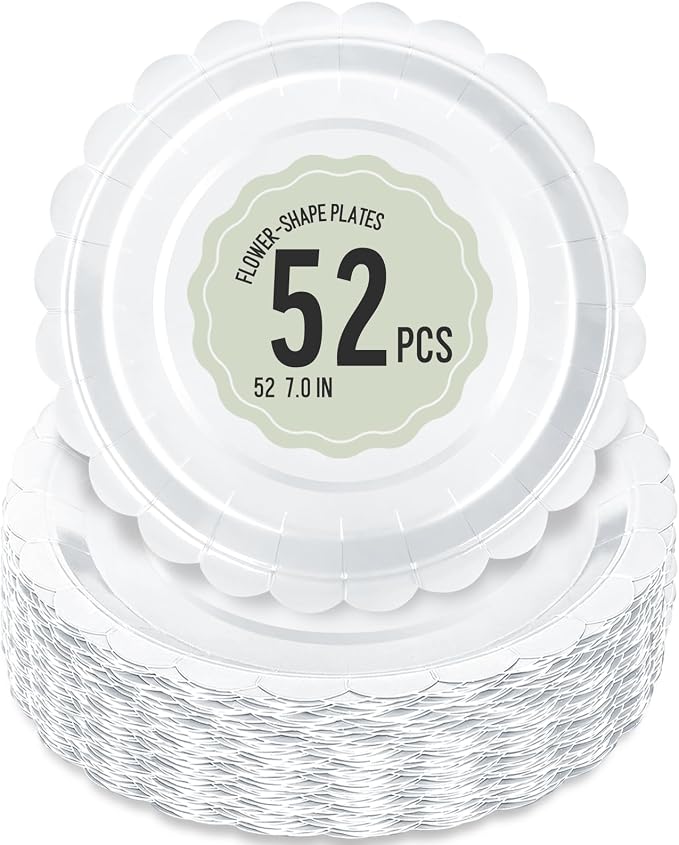 52 Pcs White Paper Plates 7 Inch Scalloped Dessert Plates by Polinook-TheAnswerToEveryClutteredSpace