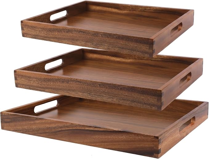 Acacia Wood Tray Set of 3, Stackable Serving Trays by ZOVANO
