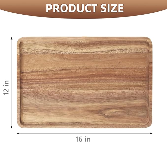 2 PCS 16 x 12 in Large Solid Acacia Wood Serving Trays Rectangular Wooden - Image 2