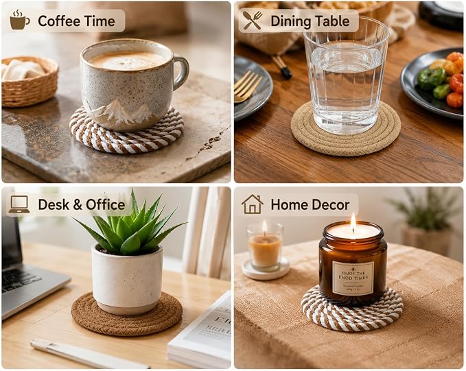 Boho Drink Coasters Set of 4, 4.8 Inch Absorbent Cotton Woven Coasters - Image 6