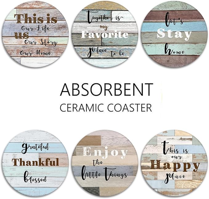 Coasters for Drinks, Ceramic Stone Wood Farmhouse | Absorbent Round Table Mat - Image 6