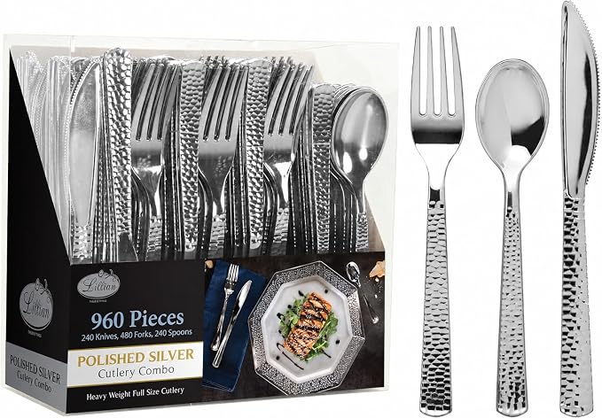 960 Piece Silver Plastic Silverware, Extra Heavyweight Disposable Cutlery Set by Lillian
