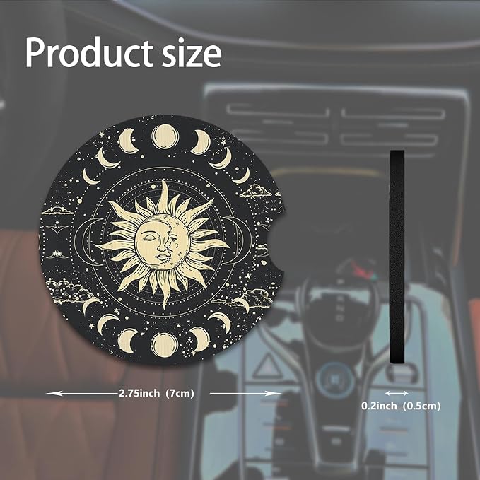 2pcs Sun Moon Stars Car Coasters, Absorbent Universal neoprener Cup Holder - Image 2