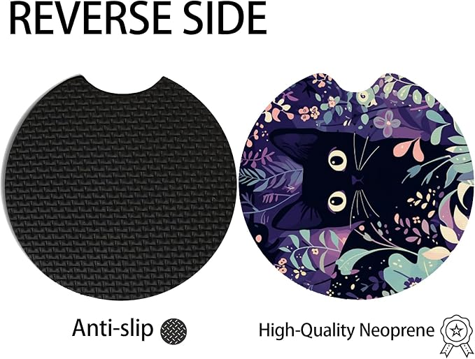 2pcs Cute Black Cat Car Coasters, Absorbent Universal neoprener Cup Holder - Image 4