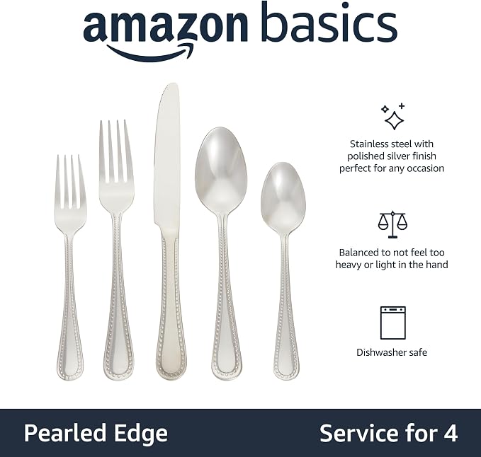 Amazon Basics Silverware Set, Stainless Steel Flatware, Dishwasher Safe - Image 2