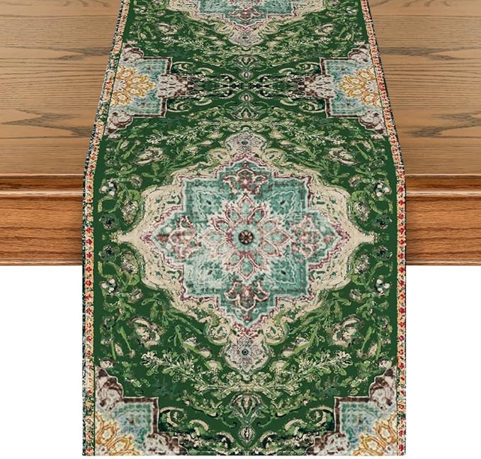 Artoid Mode Boho Bohemia Style Green Table Runner, Country Rustic Farmhouse by ArtoidMode