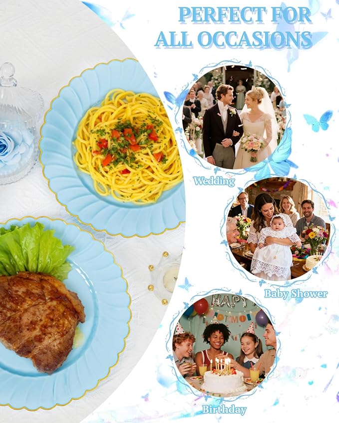 YOUBET 175PCS Light Blue Scalloped Plastic Plates - Image 6