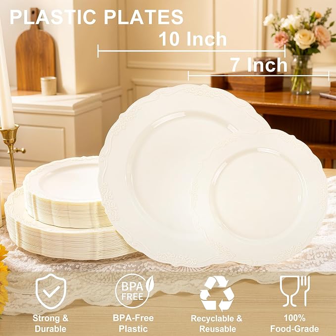U-QE 100 Pcs Ivory Plastic Plates - Image 2