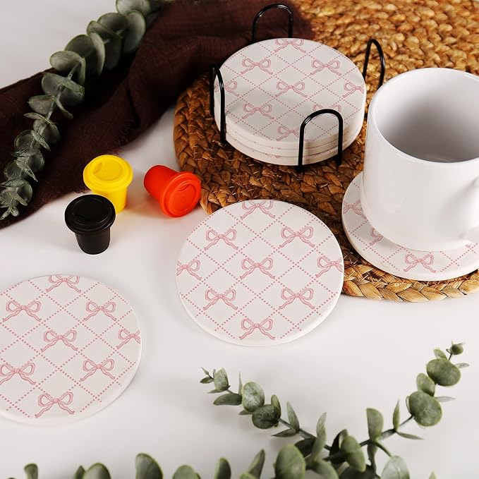 Pink Bow Round 4" Cup Coasters, Absorbent Ceramic Stone Drink Coasters - Image 5