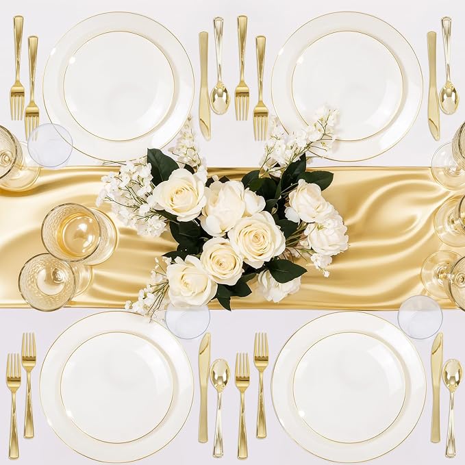 Nervure 100PCS Ivory and Gold Plastic Plates 10.25″ Disposable Dinner Plate | - Image 7