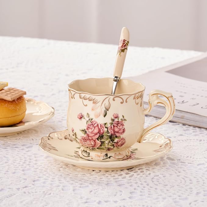 YOLIFE Tea Cups and Saucers Set of 2, 8 OZ Pink Rose | Ivory Vintage Porcelain - Image 7