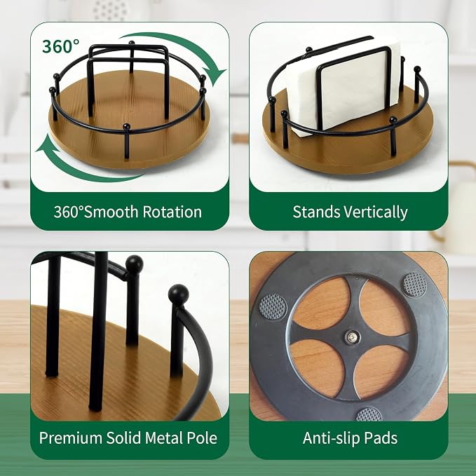 Napkin Holder for Table, 360° Rotating Lazy Susan Turntable 9'' Walnut Brown | - Image 6