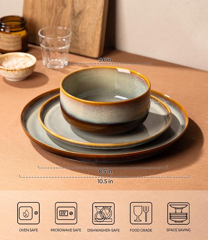 Ceramic Dinnerware Set for 4, 12-Piece Plates and Bowls Set | Handmade Reactive - Image 2