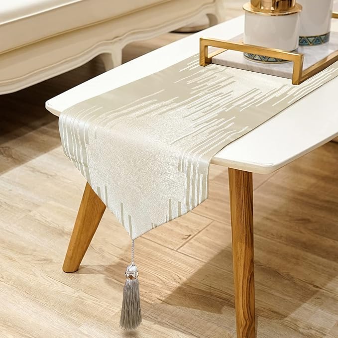 Luxury Beige Table Runner 13 x120 Inch, Modern Abstract Striped, Tassels | by Jiino