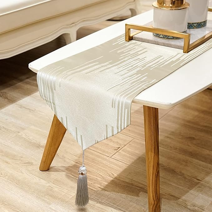 Elegant Modern Beige Table Runner, Embroidered Geometric, Tassels | Luxury by Jiino