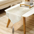Beige Elegant Luxury Table Runner, Modern Geometric Lines, Tassels | Satin Faux by Jiino