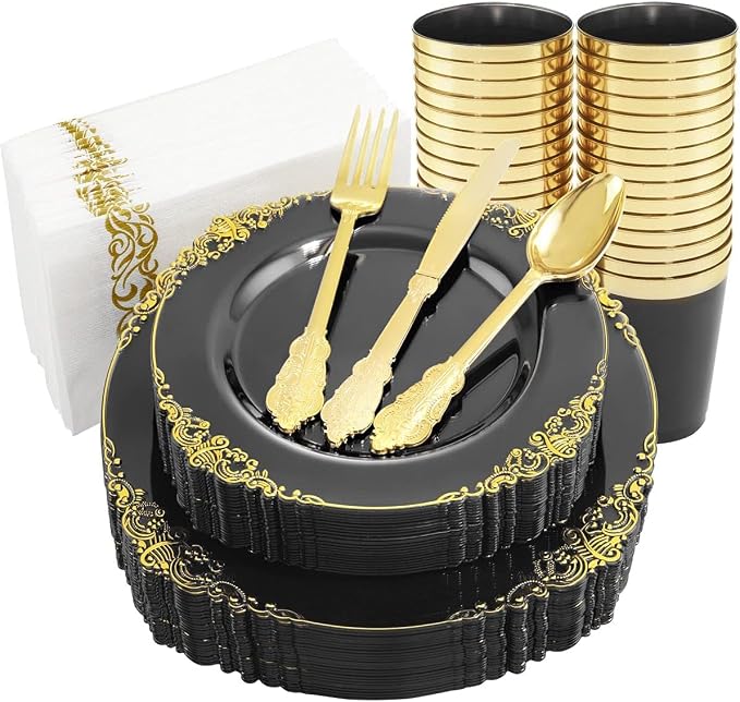 Nervure 175Pcs Black Plastic Plates, Plastic Dinnerware Set by Nervure