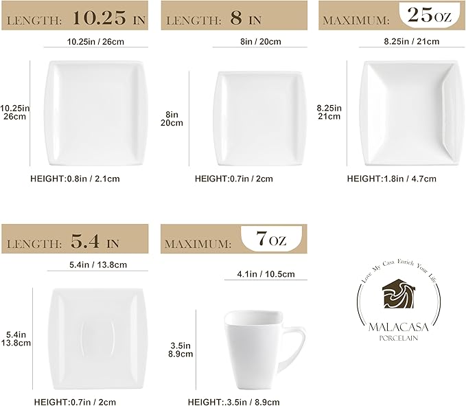 MALACASA 30 Piece Porcelain Dinnerware Set, Square Plates and Bowls - Image 2