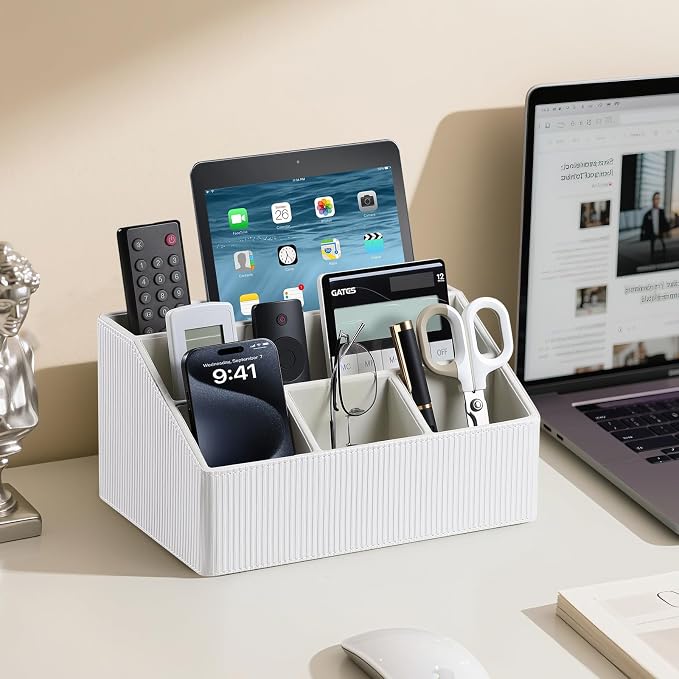 PU Leather Desk Organizer, Remote Control Holder, Ivory | Luxury Nightstand - Image 6