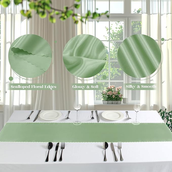 VACVELT Sage Green Satin Table Runners, 12x72 Inch, 2 Pack, Scalloped Edge | - Image 6