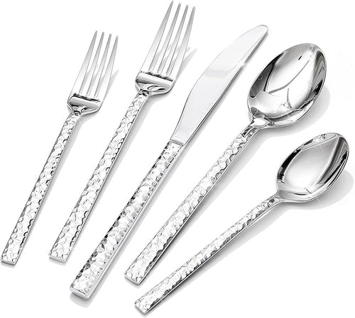 20 Piece Hammered Silverware Set, 18/10 Stainless Steel Flatware Set by KINGSTONE