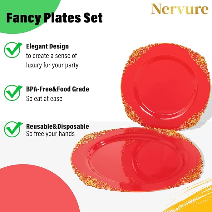 Nervure 100Pcs 10.25'' Red Plastic Plates, Heavy Duty Disposable Plates - Image 6