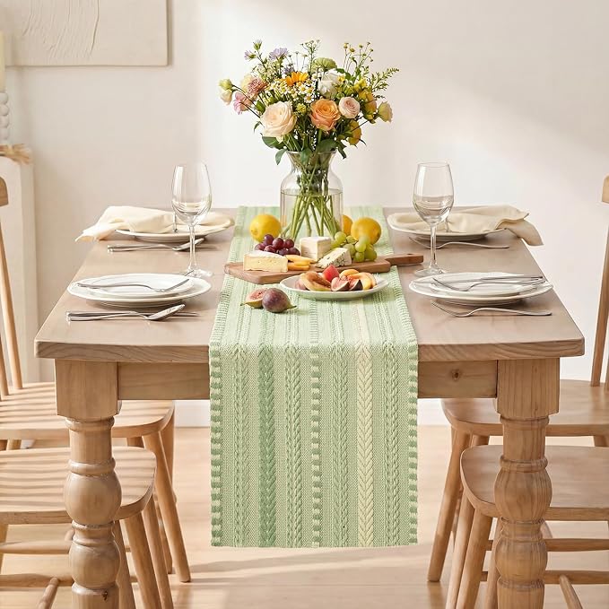 Artoid Mode Sage Green Farmhouse Stripe Braided Table Runner 12x72 Inch | - Image 2