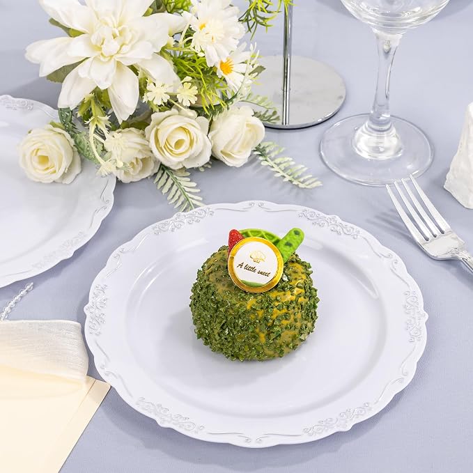 DaYammi 60PCS White and Silver Plastic Plates, Heavy Duty White and Silver - Image 7