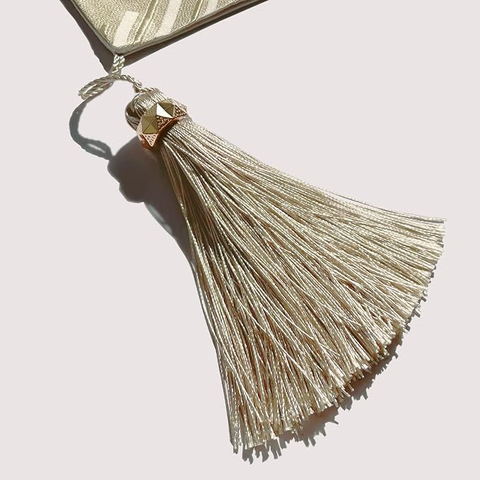 Beige Elegant Luxury Table Runner, Modern Geometric Lines, Tassels | Satin Faux - Image 3