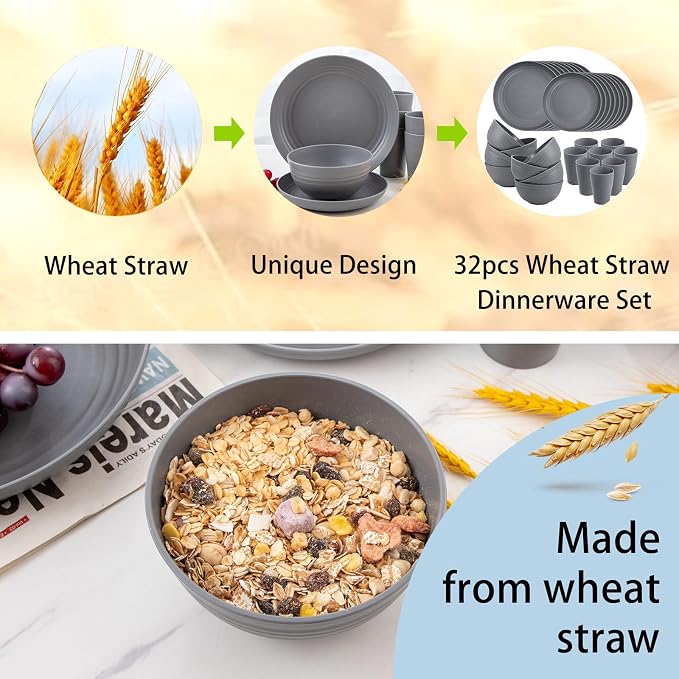 32pcs Wheat Straw Dinnerware Sets, Unbreakable Dinnerware Sets - Image 4