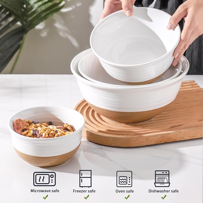 HASENSE Ceramic Serving Bowls Set of 4, 2.1/1.5/1.0/0.5 Qt White & Terracotta - Image 4