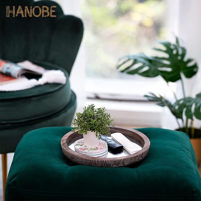 Hanobe Round Wood Decorative Tray: Rustic Wooden Tray - Image 8