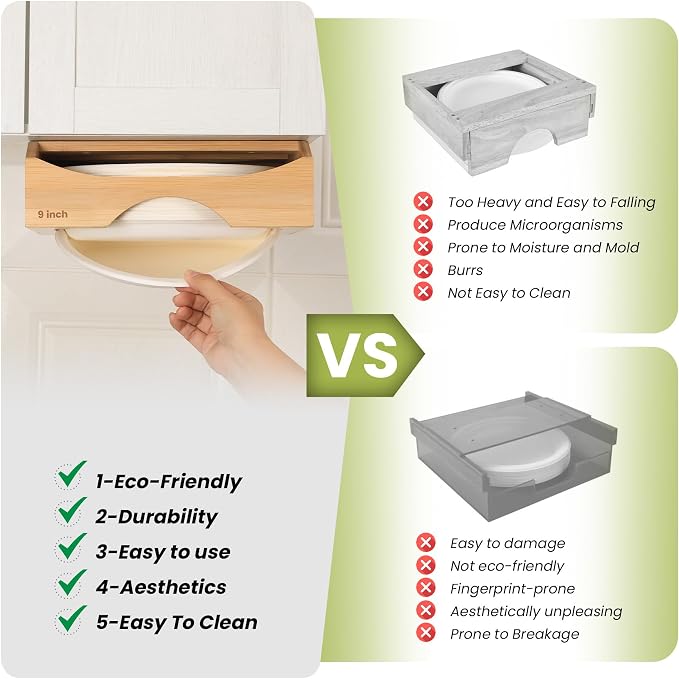 9-inch Paper Plate Dispenser Under Cabinet, Bamboo Paper Plate Holders - Image 5