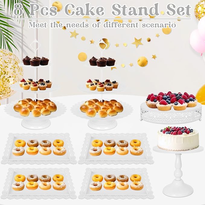 Fivenl 8 Pcs Cake Stand White Metal Dessert Table Display Set, 3-Tier Cupcake - Image 7