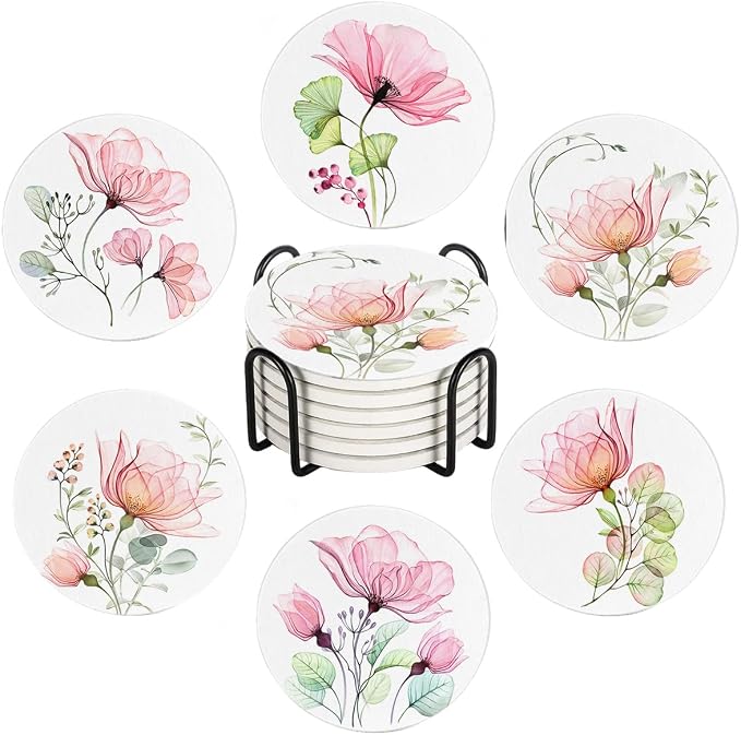 Drink Coasters for Drinks Set of 6, Watercolor X-ray Roses and Eucalyptus by Ansouyi